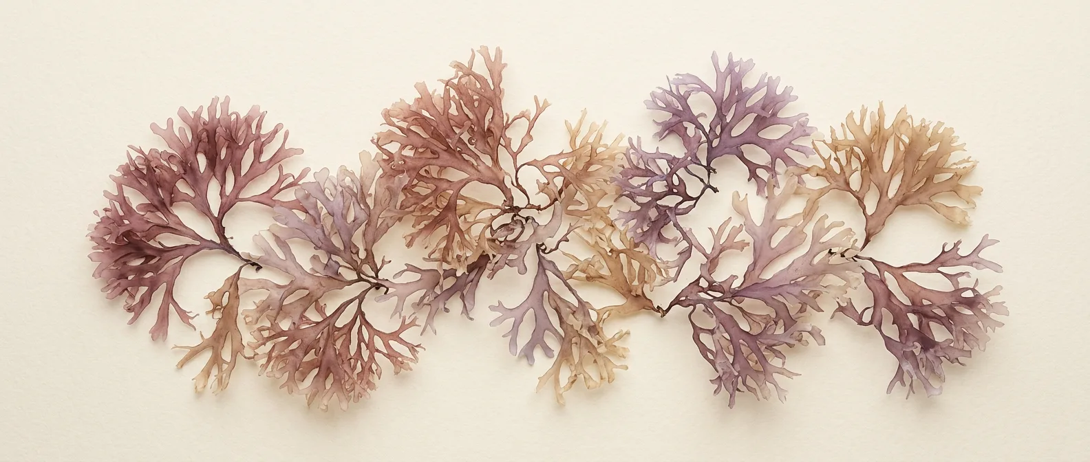 Raw dried purple sea moss fronds on cream paper