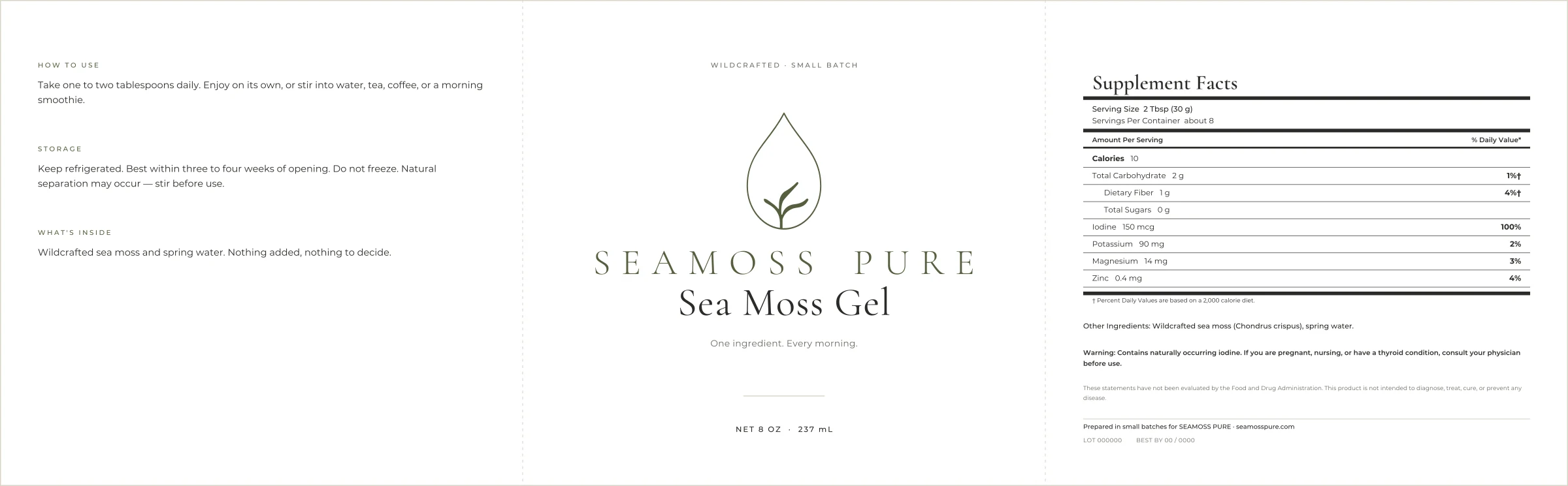 Flat dieline of the SEAMOSS PURE 8oz label