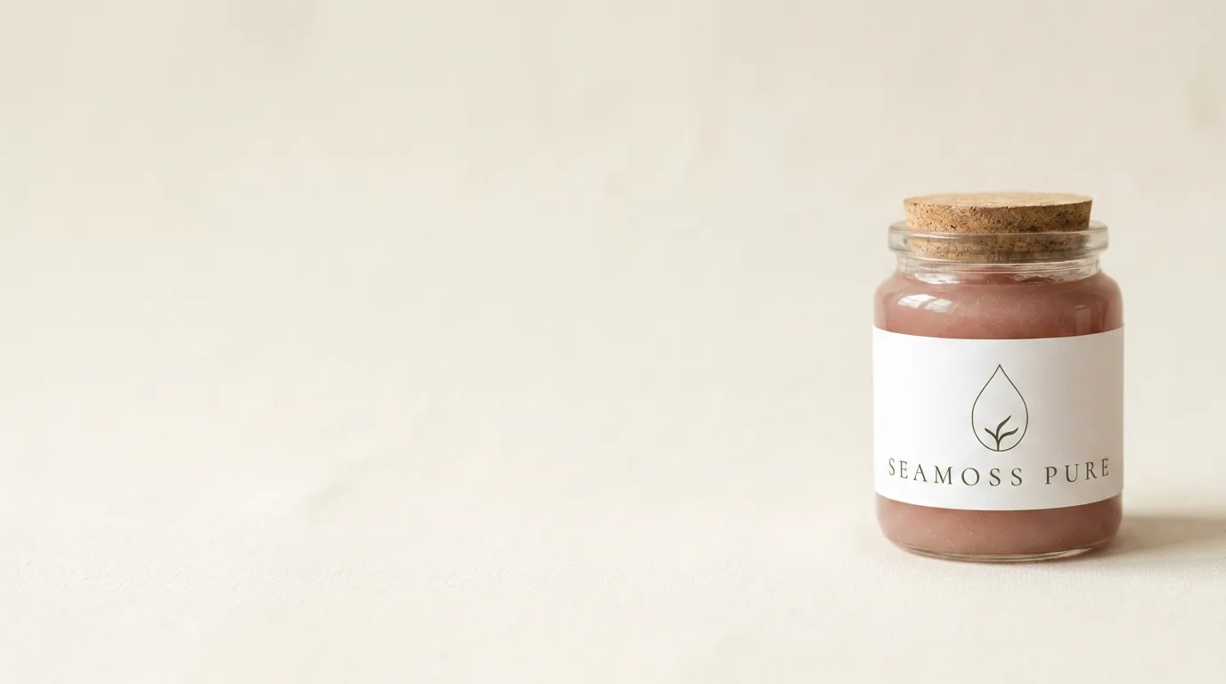 SEAMOSS PURE jar on a cream background with wide empty space