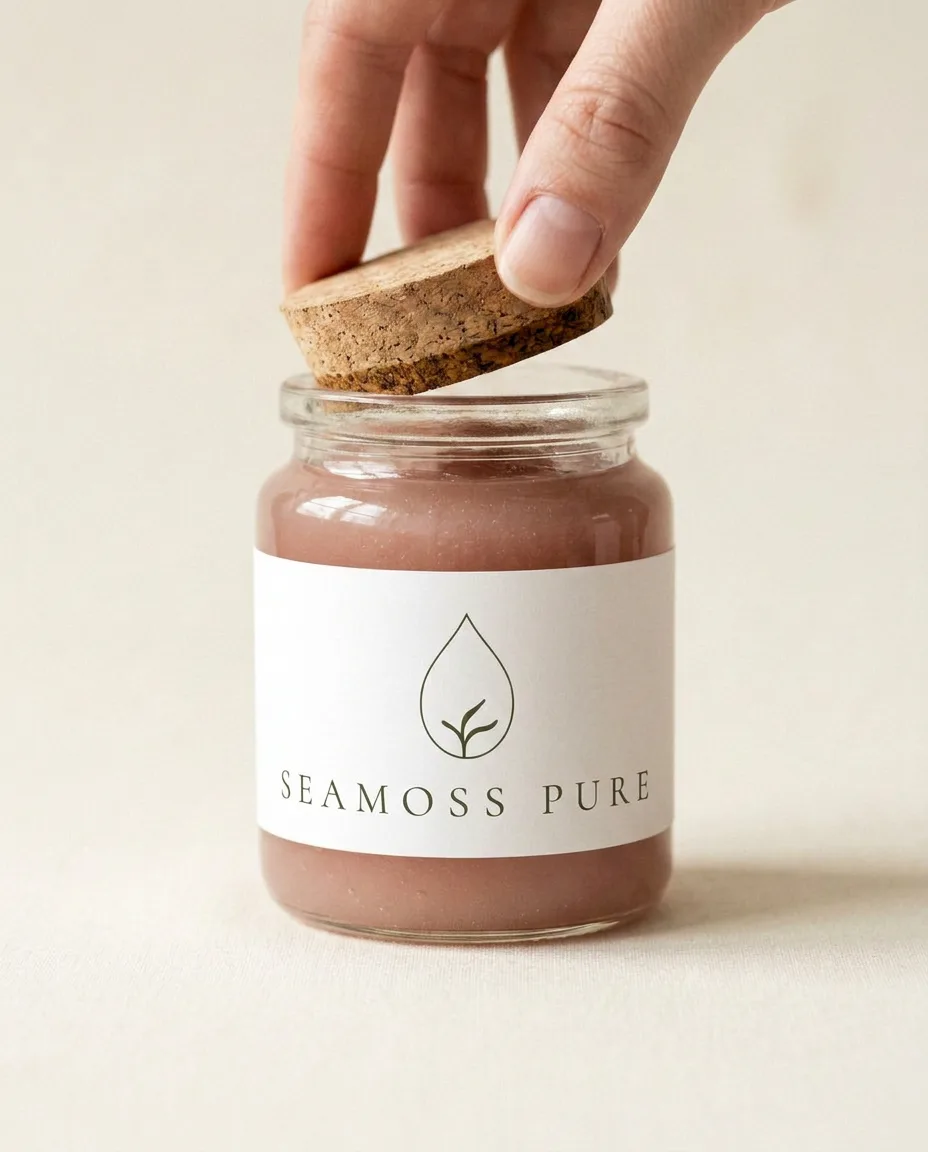 A hand lifting the cork lid off the jar