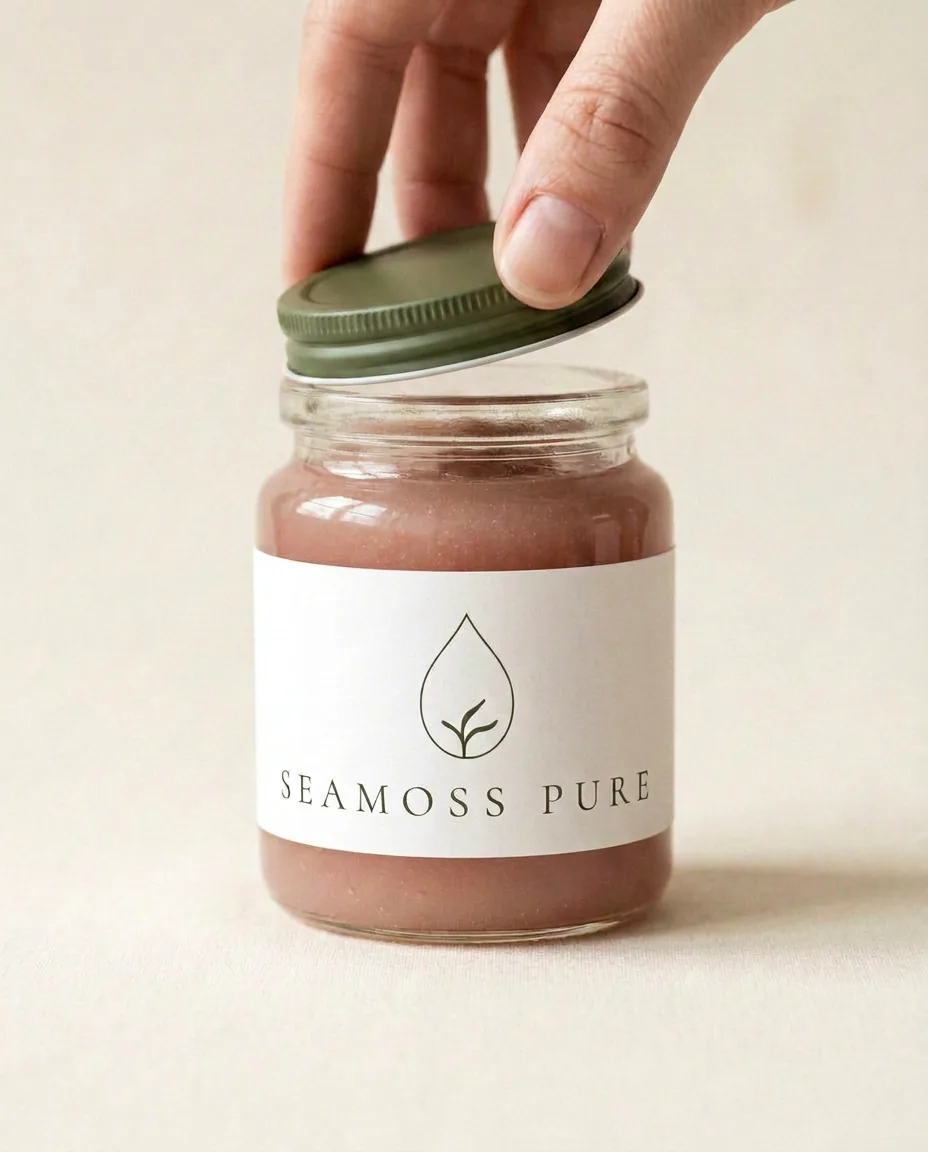 A hand lifting the olive-green metal lid off the jar