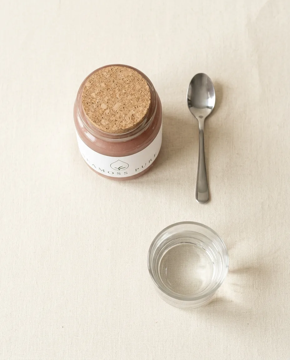 Overhead flat lay of the SEAMOSS PURE jar with a spoon and a glass of water