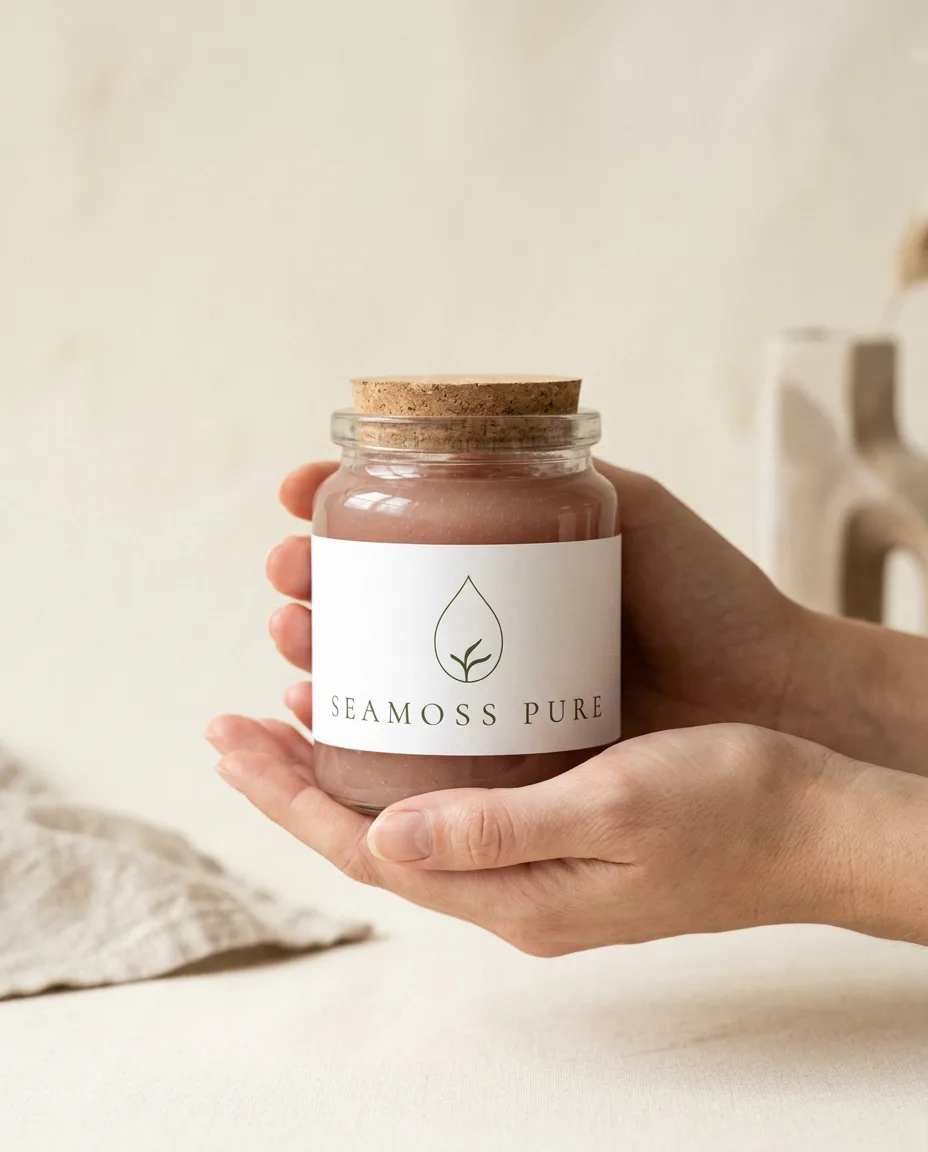 A pair of hands holding the SEAMOSS PURE jar